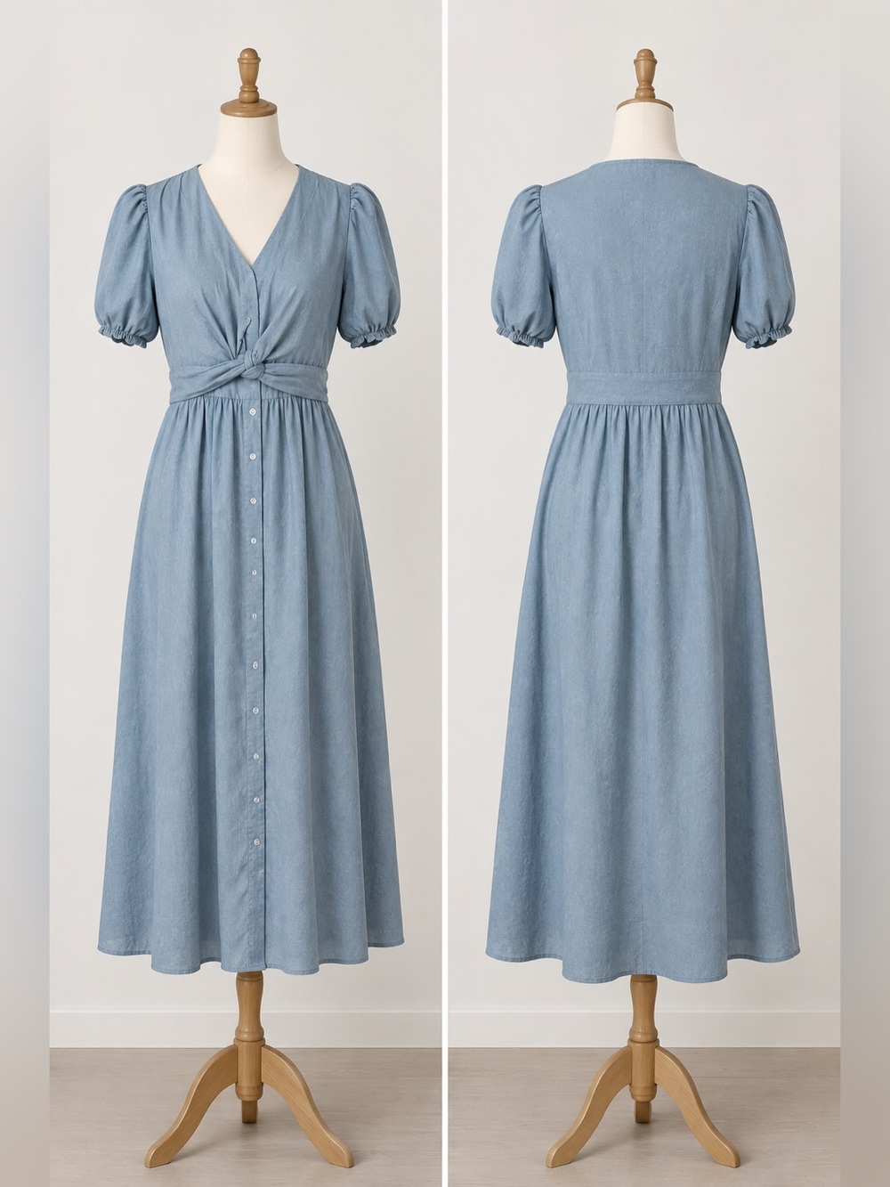 Sam Edelman Light Blue Button-Front Midi Dress with Twist Waist